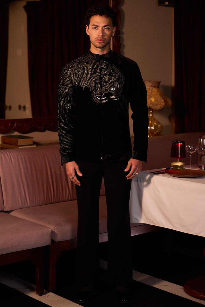 Gilded Roar Hand Embroidered Cutdana Velvet Bomber Jacket