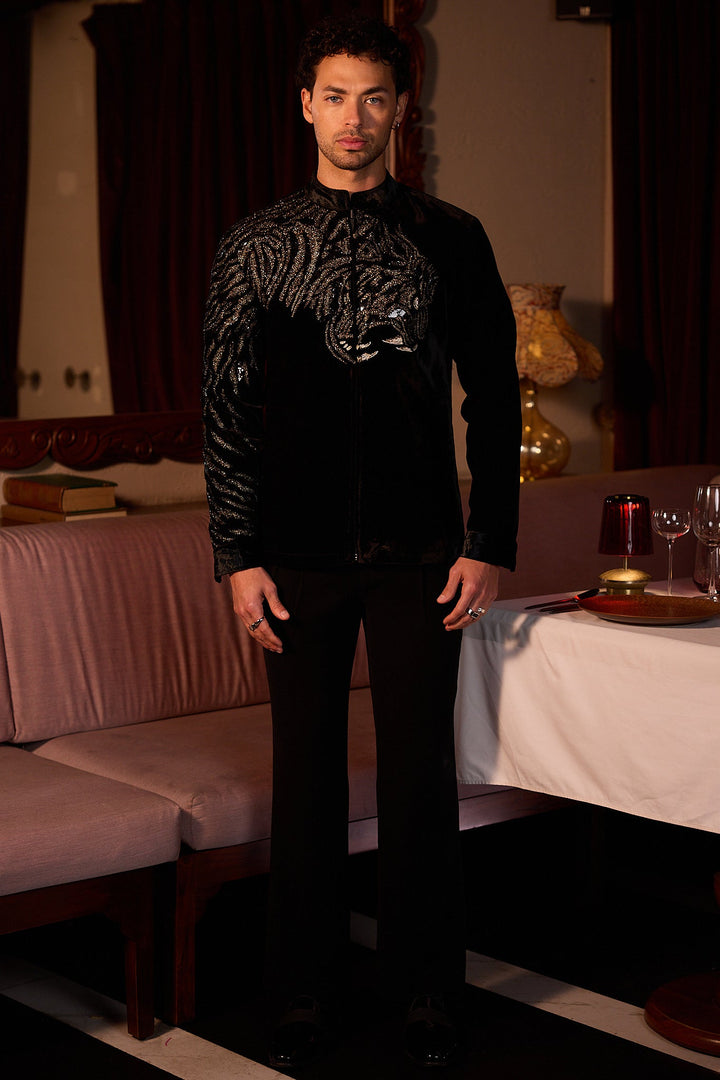 Gilded Roar Hand Embroidered Cutdana Velvet Bomber Jacket