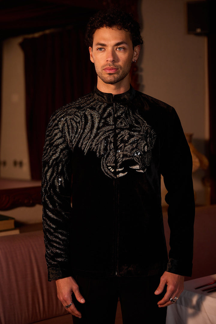 Gilded Roar Hand Embroidered Cutdana Velvet Bomber Jacket