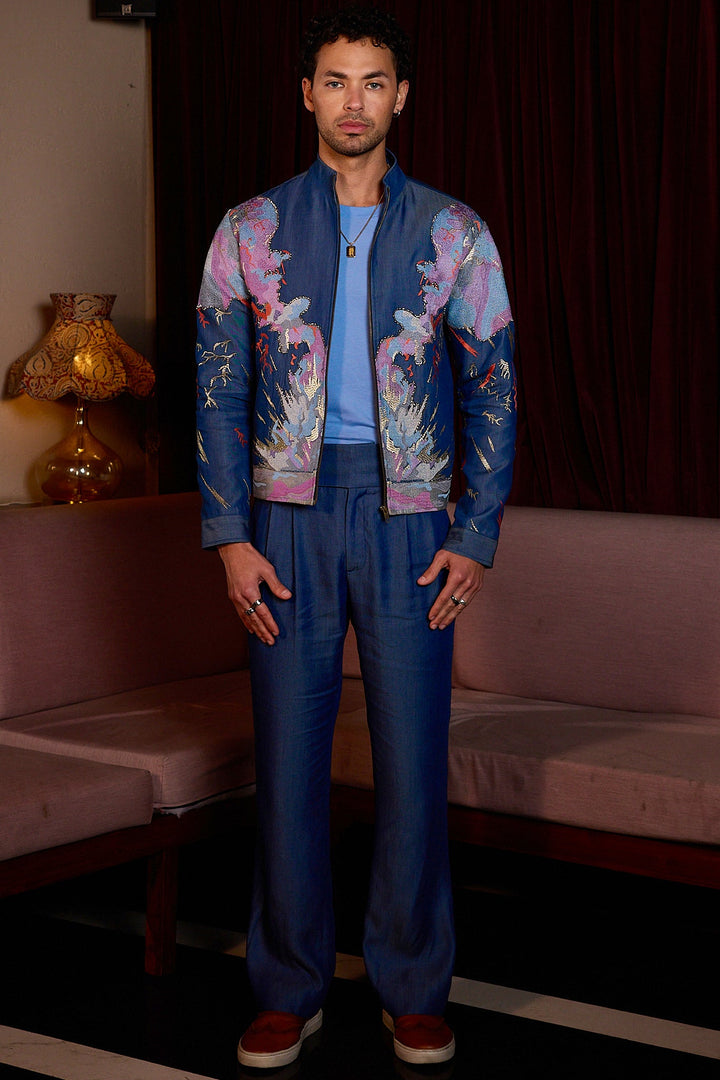 Indigo Garden Resham Embroidered Cutdana Denim Jacket