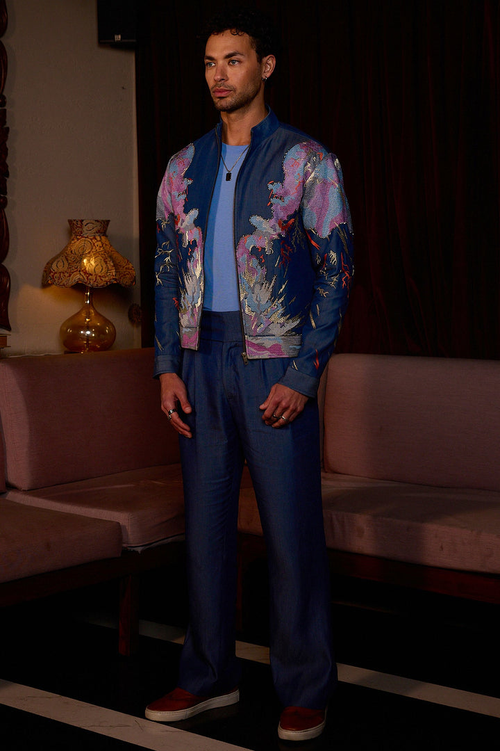 Indigo Garden Resham Embroidered Cutdana Denim Jacket