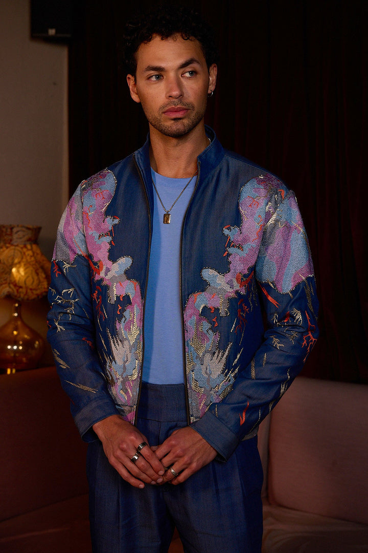 Indigo Garden Resham Embroidered Cutdana Denim Jacket