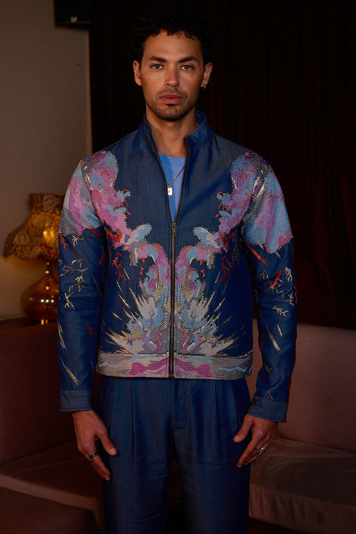 Indigo Garden Resham Embroidered Cutdana Denim Jacket