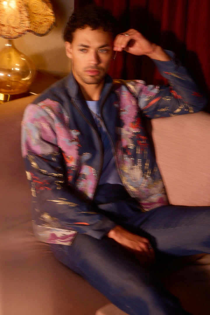 Indigo Garden Resham Embroidered Cutdana Denim Jacket