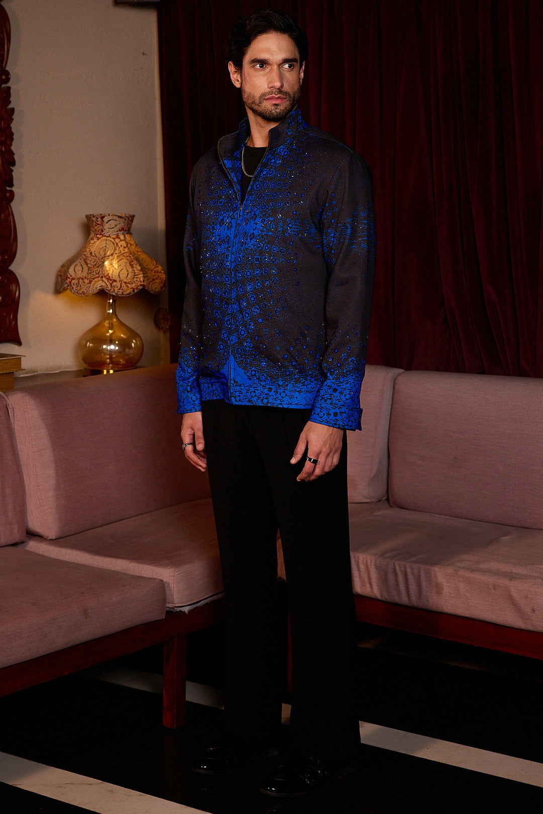 Crystal Veil Print Cutdana Crystal Embellished Jacket