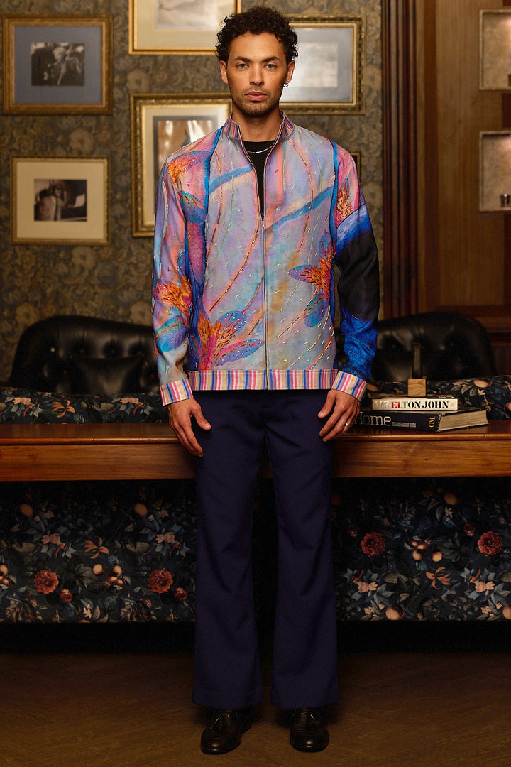 Aurora Drift Print Hand Embroidered Bomber Jacket