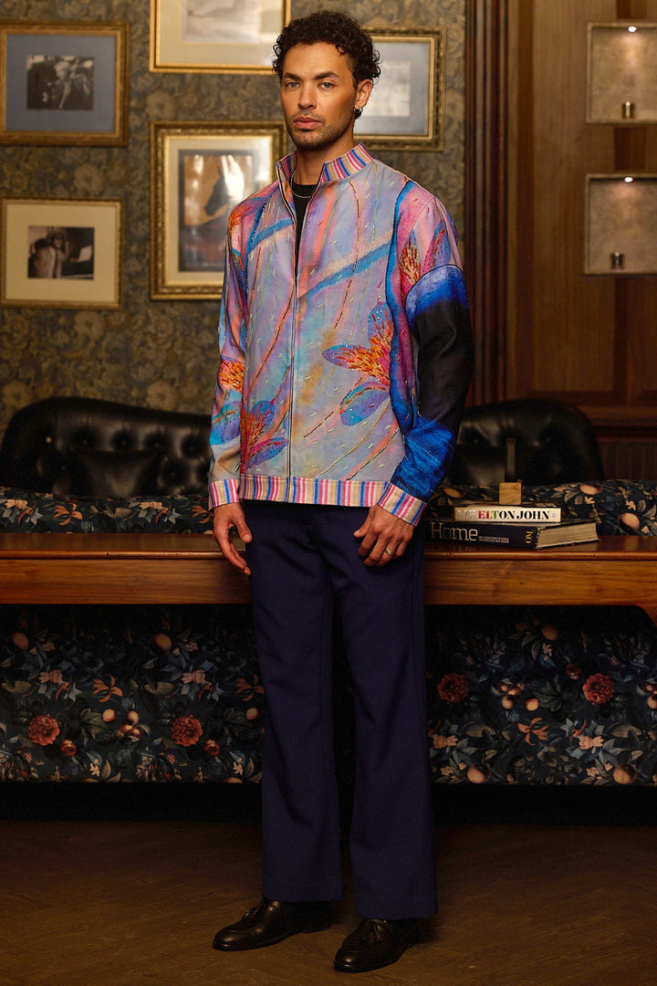 Aurora Drift Print Hand Embroidered Bomber Jacket