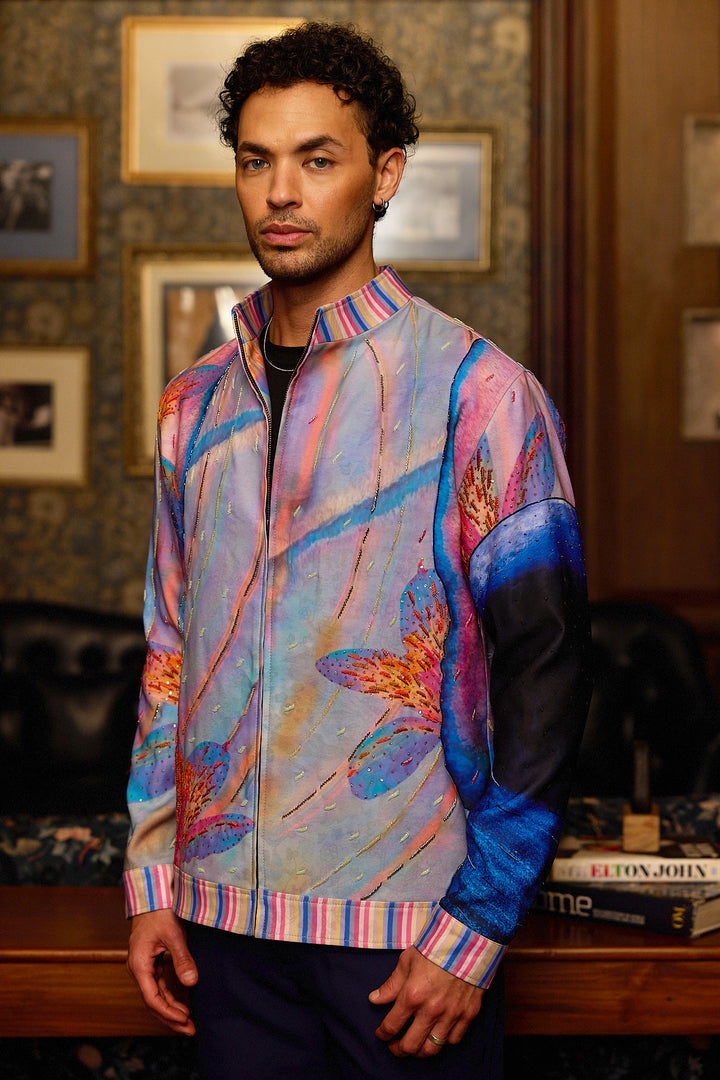Aurora Drift Print Hand Embroidered Bomber Jacket