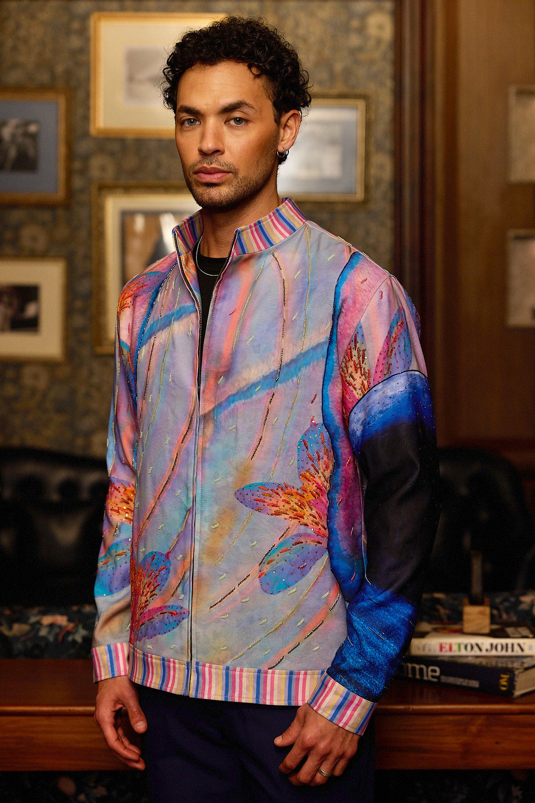 Aurora Drift Print Hand Embroidered Bomber Jacket