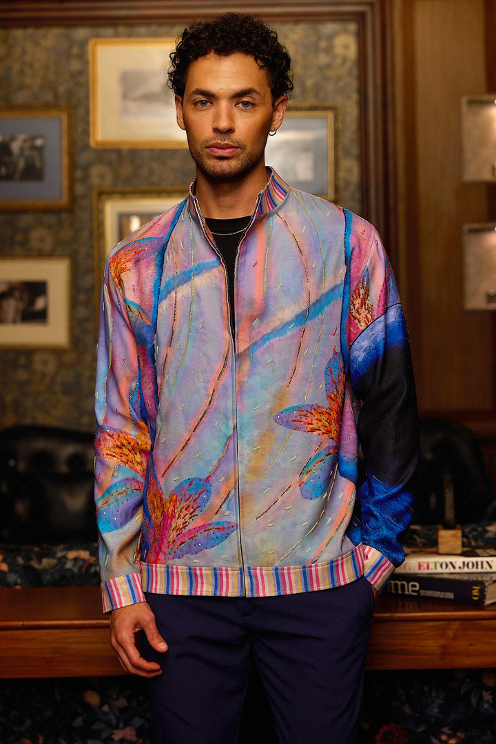 Aurora Drift Print Hand Embroidered Bomber Jacket