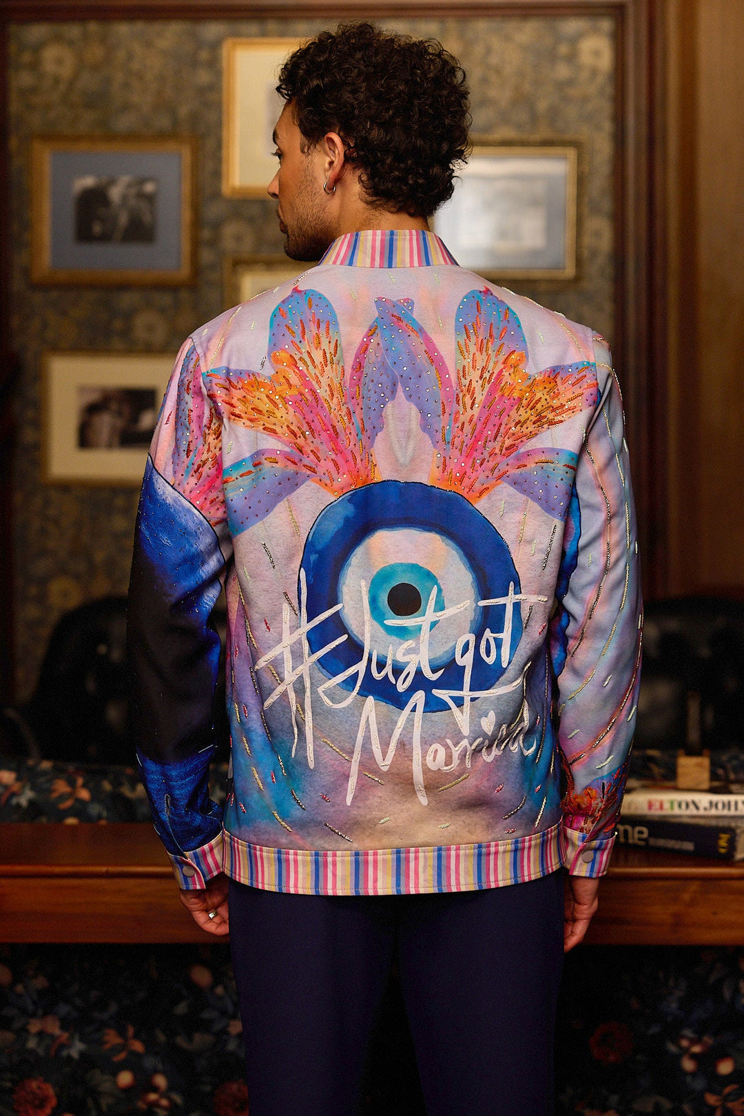 Aurora Drift Print Hand Embroidered Bomber Jacket