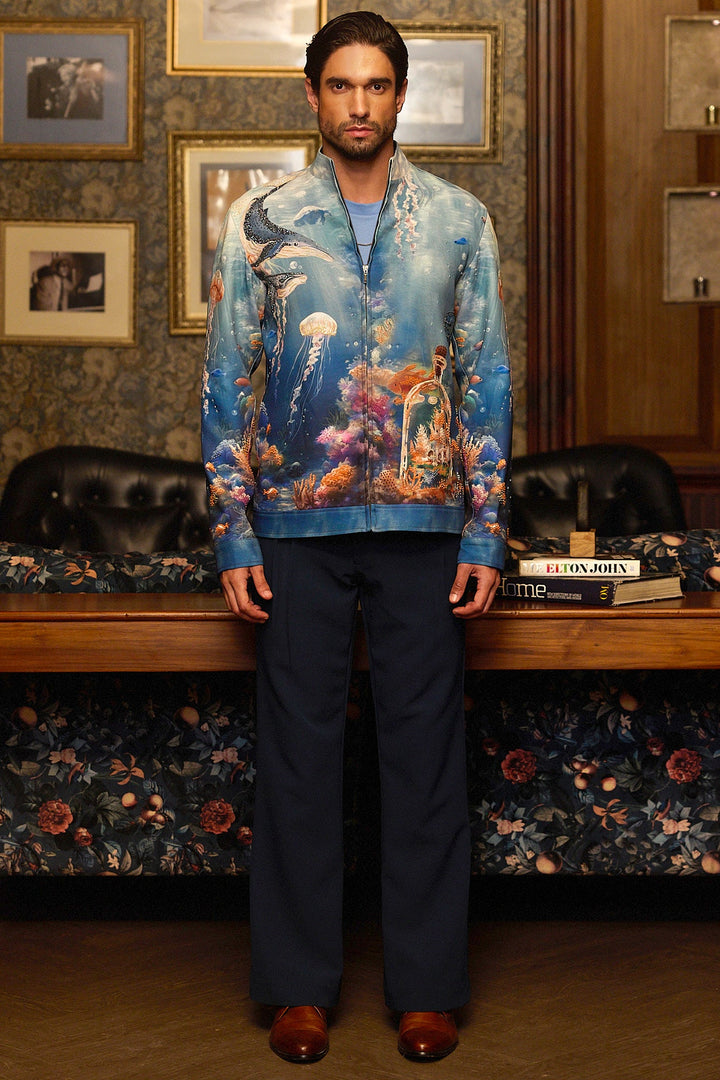 Deep Blue Print Hand Embroidered Bomber Jacket