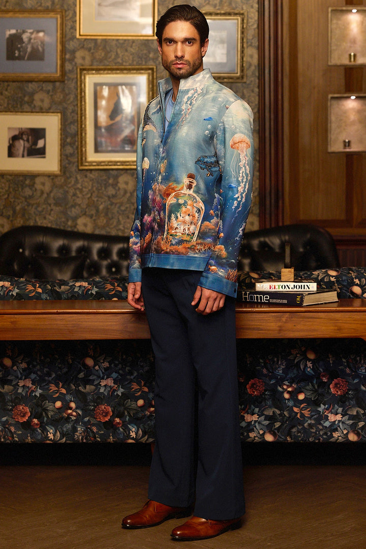 Deep Blue Print Hand Embroidered Bomber Jacket