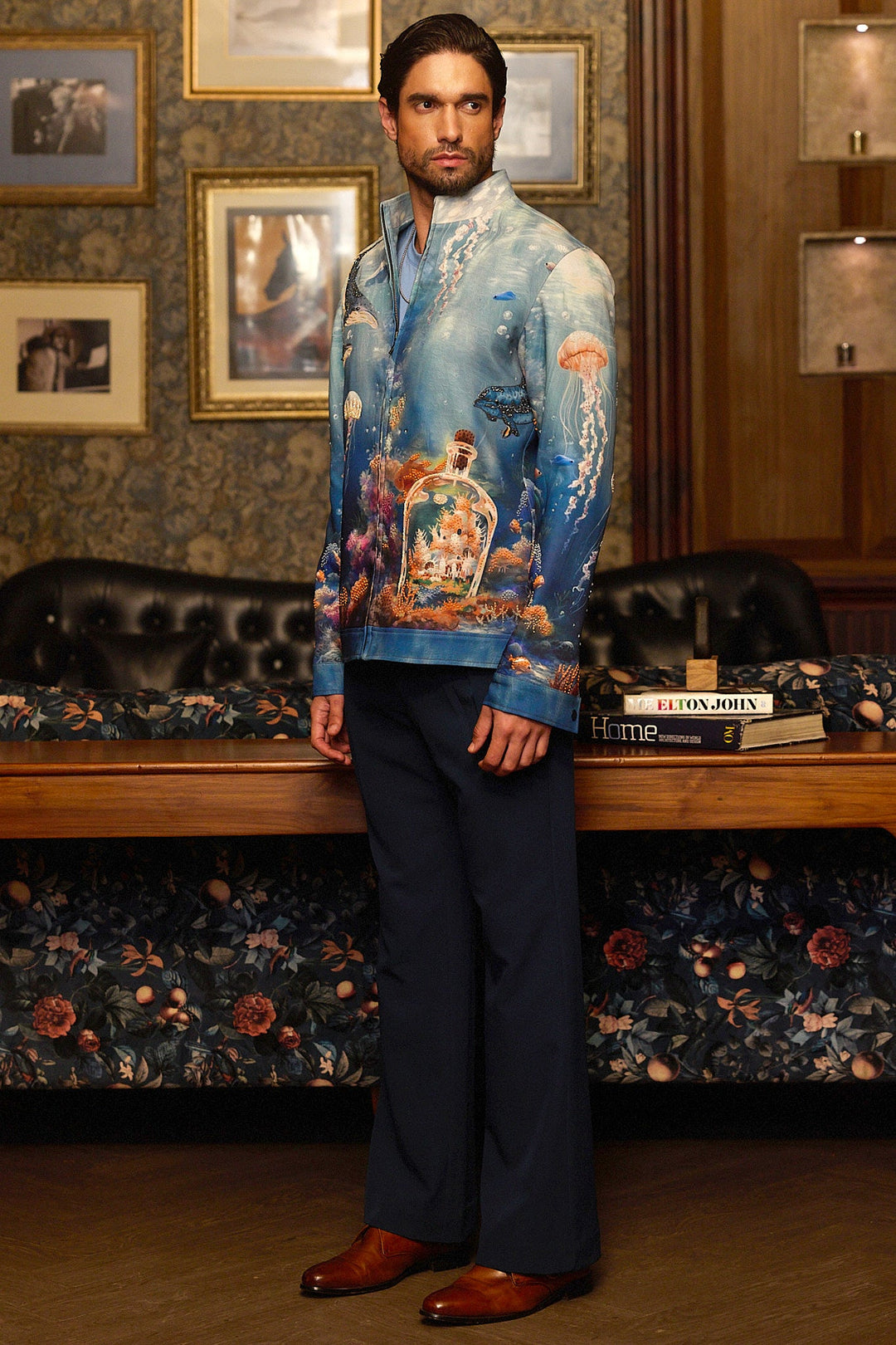 Deep Blue Print Hand Embroidered Bomber Jacket