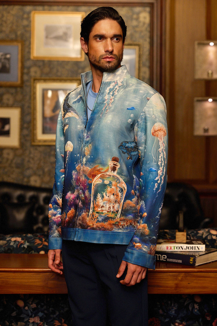 Deep Blue Print Hand Embroidered Bomber Jacket