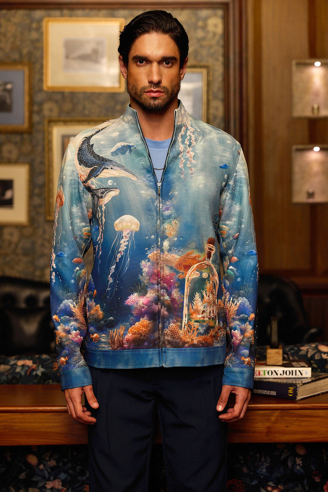 Deep Blue Print Hand Embroidered Bomber Jacket