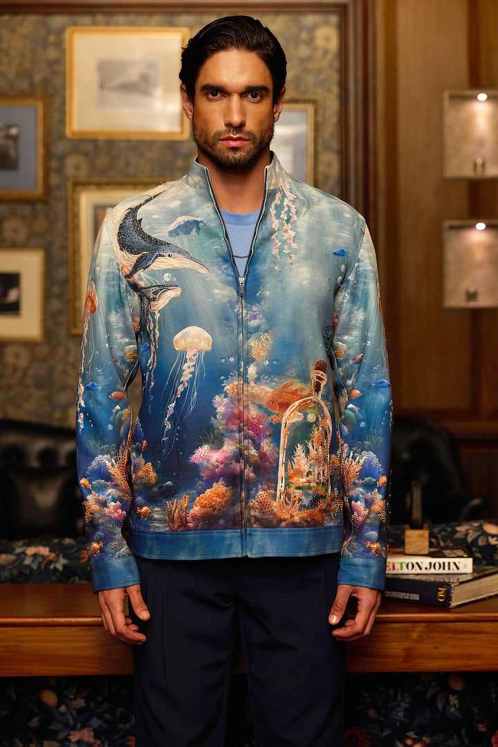 Deep Blue Print Hand Embroidered Bomber Jacket