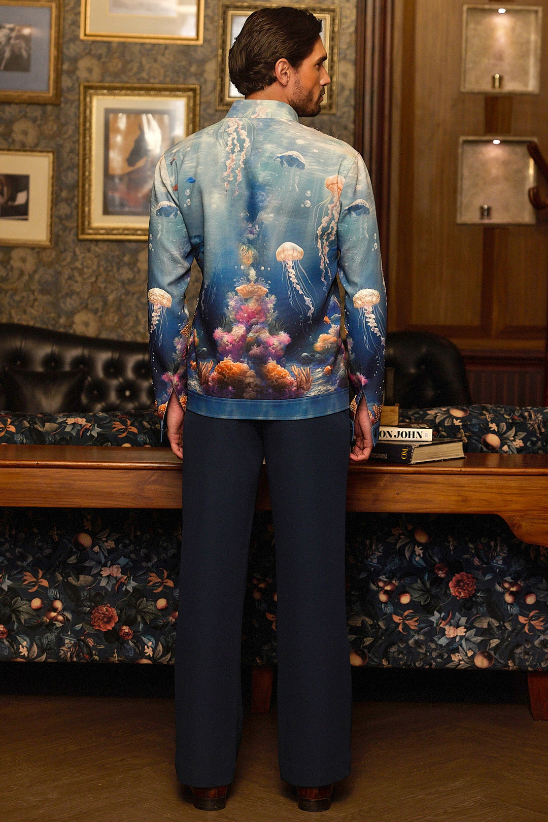 Deep Blue Print Hand Embroidered Bomber Jacket