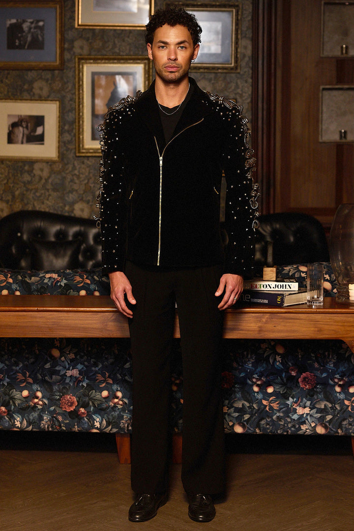 Dark Armour Metal Work Velvet Bomber Jacket
