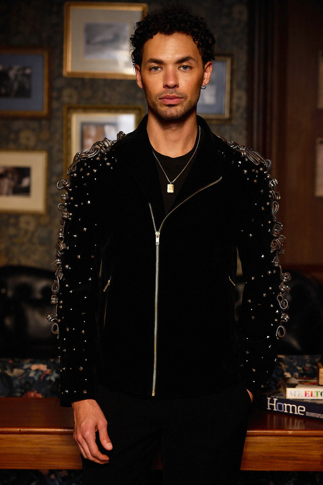 Dark Armour Metal Work Velvet Bomber Jacket