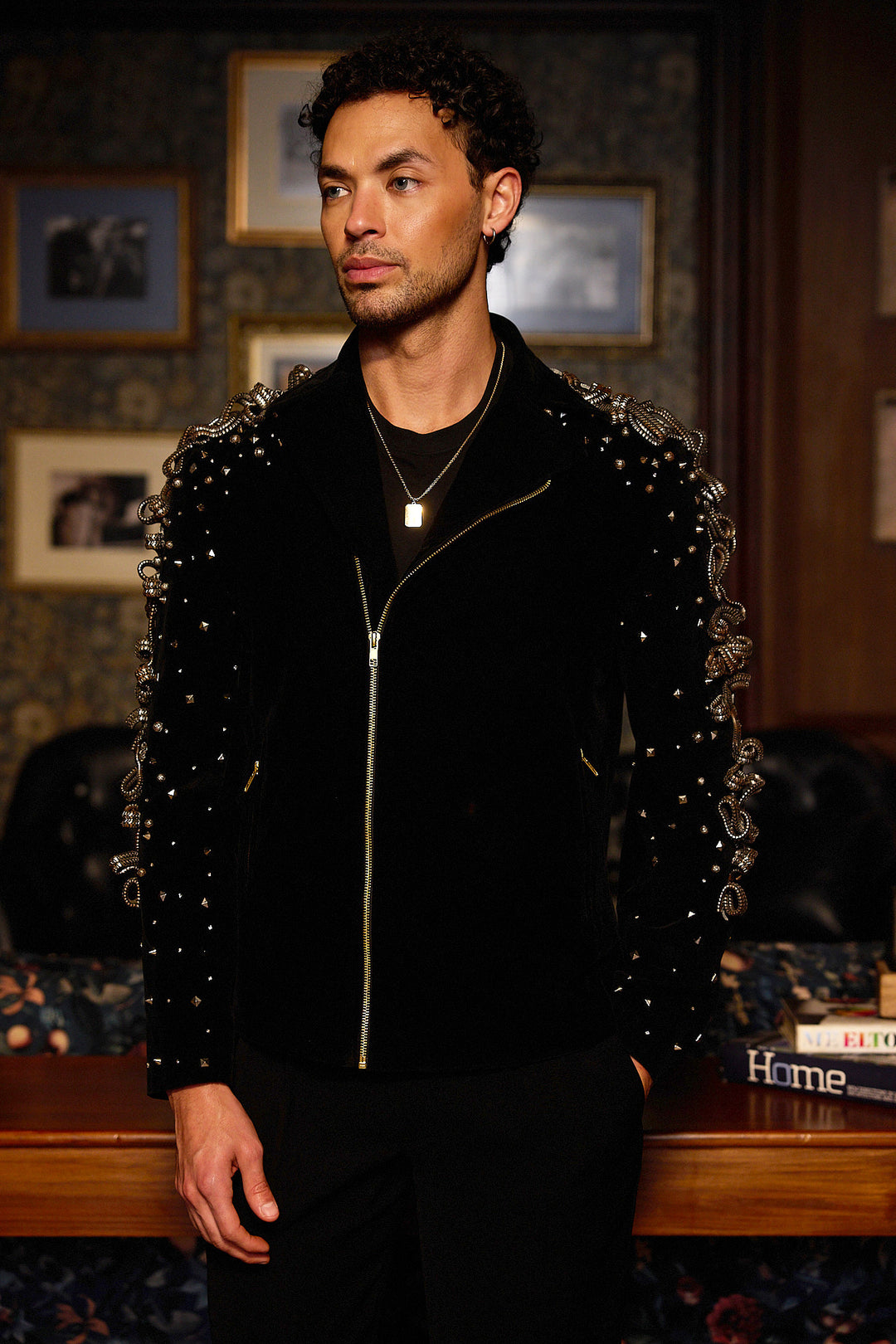 Dark Armour Metal Work Velvet Bomber Jacket
