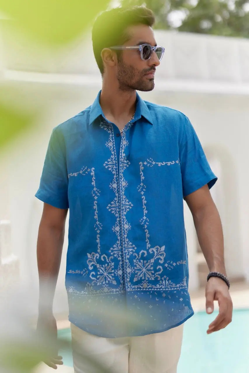 Vivid Blue Cow Boy Embroidered Shirt - Asuka Couture