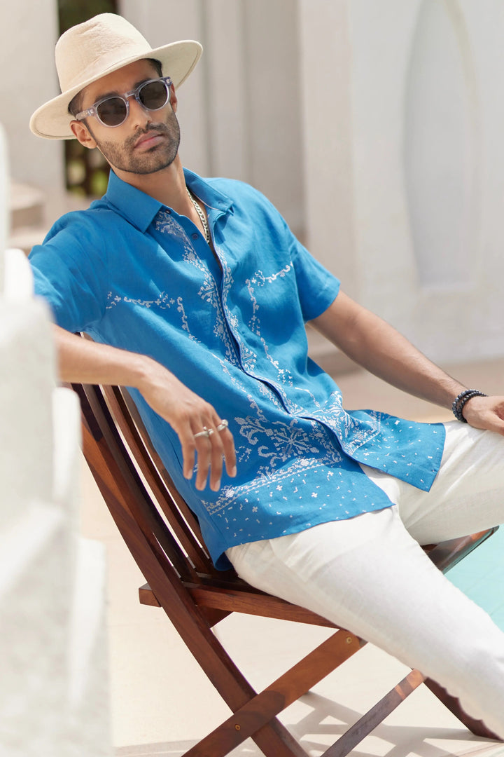 Vivid Blue Cow Boy Embroidered Shirt - Asuka Couture