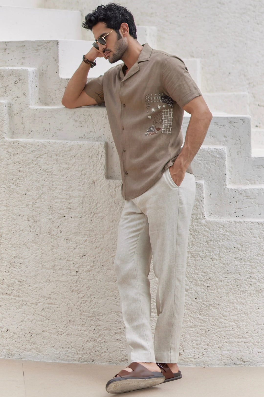 Sand-Hued Cuban Embroidered Shirt - Asuka Couture