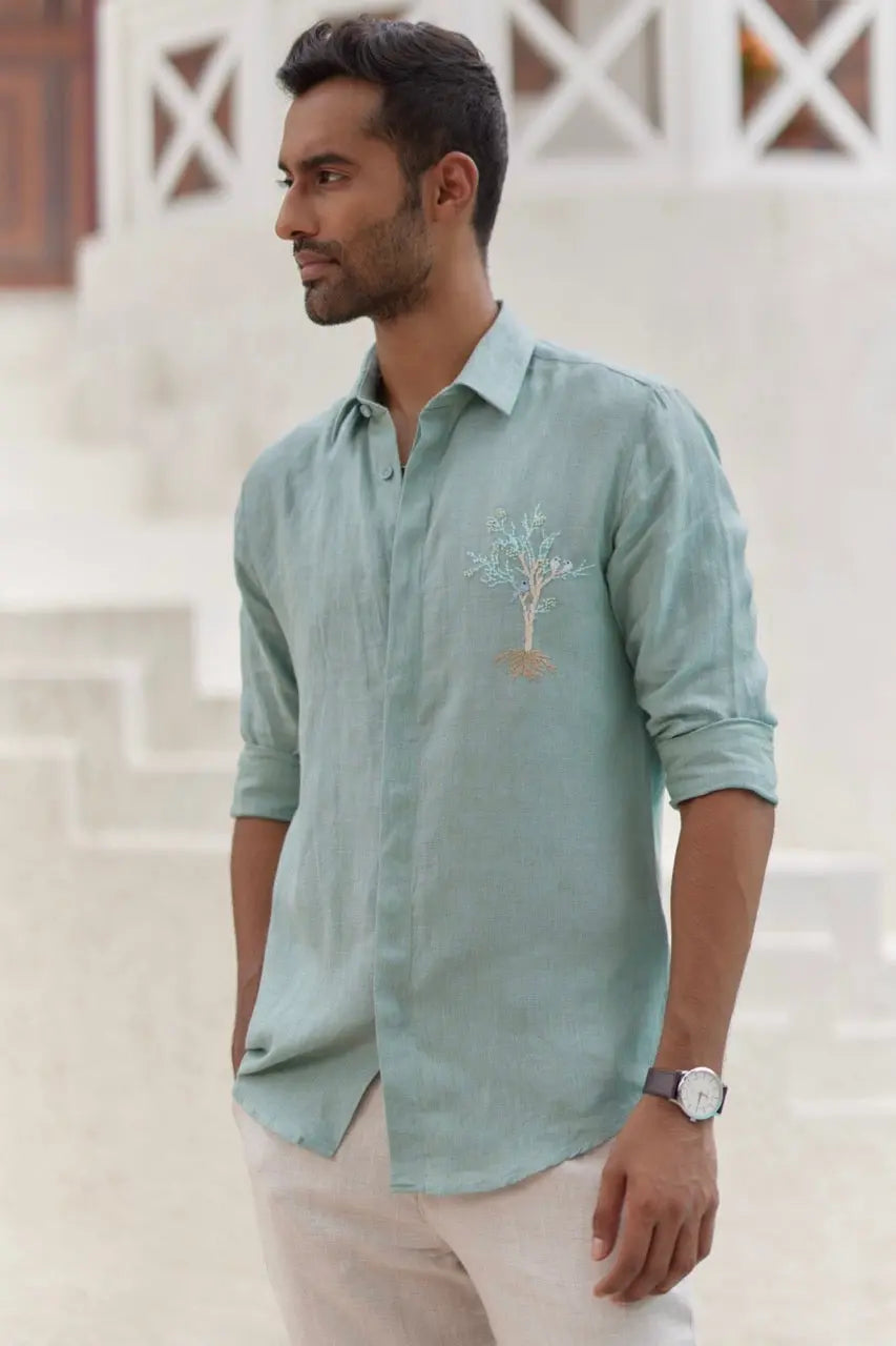 Teal Tree Embroidery Tropical Shirt - Asuka Couture