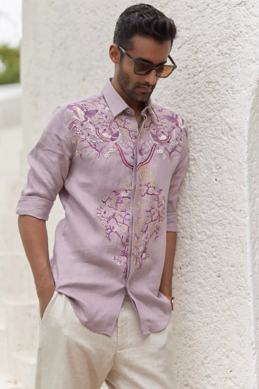 Lavender Floral Resham Embroidery Shirt - Asuka Couture