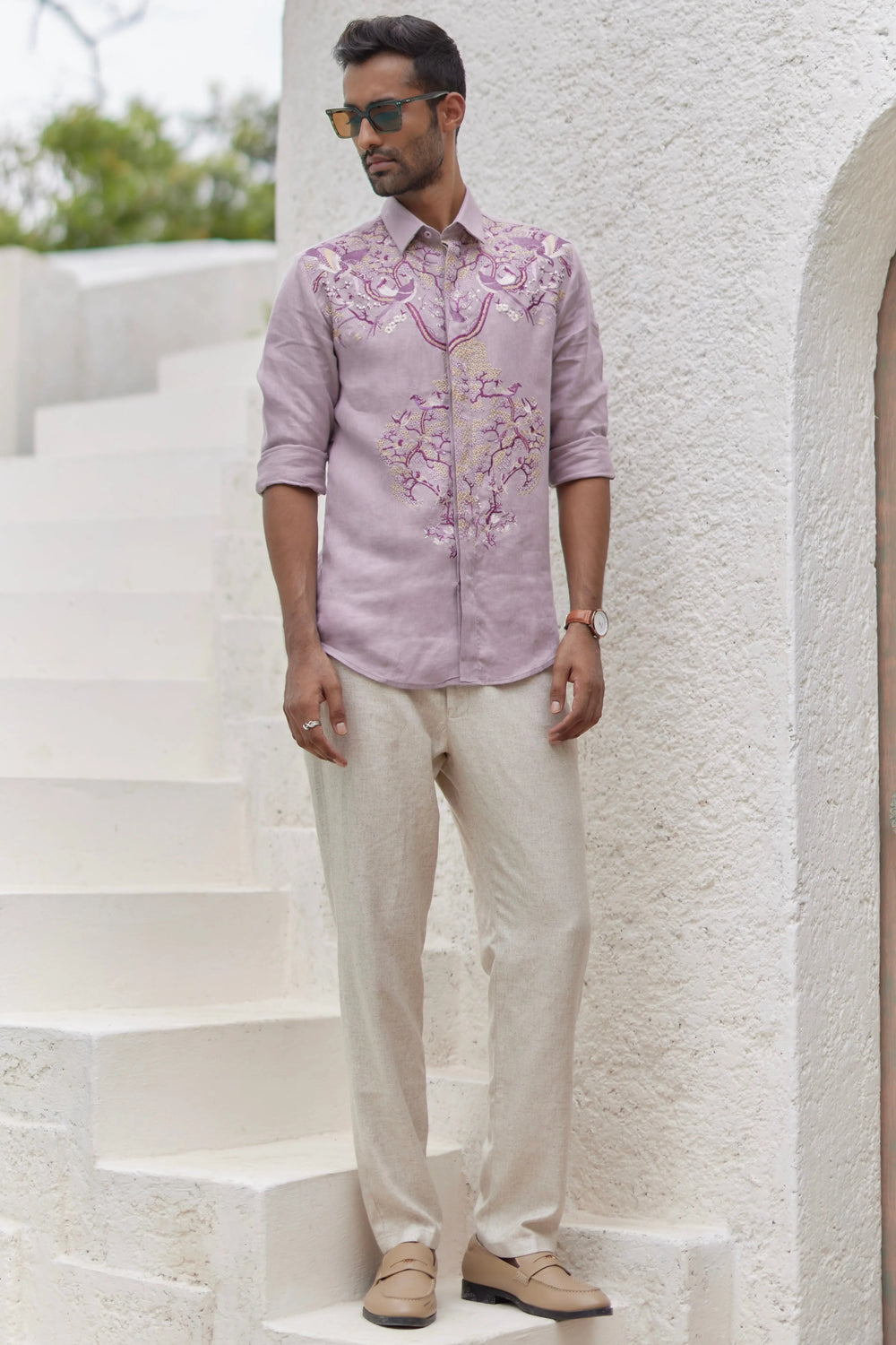 Lavender Floral Resham Embroidery Shirt - Asuka Couture
