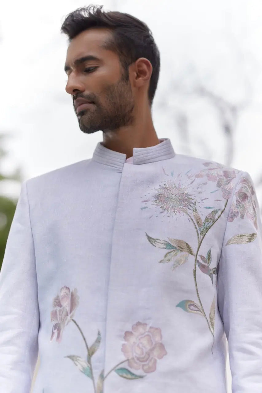Sky Blue Floral Design Bandhgala with Pink Kurta - Asuka Couture