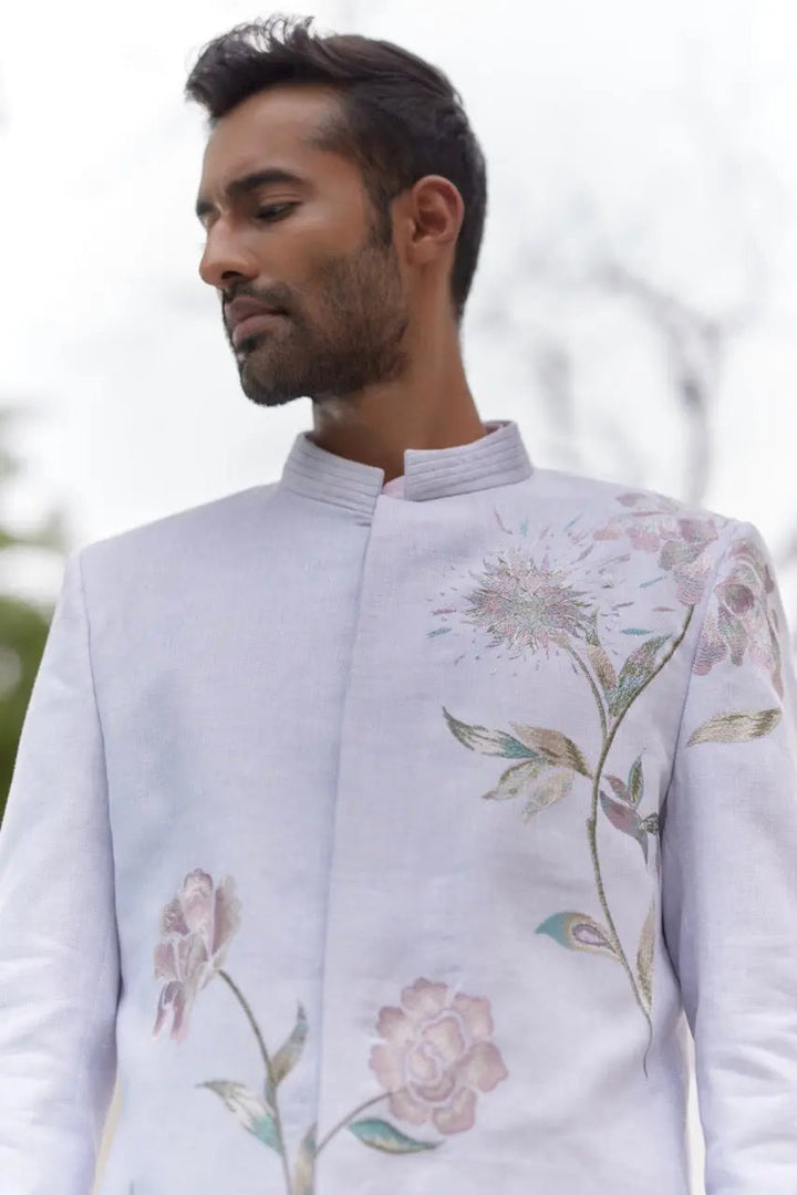 Sky Blue Floral Design Bandhgala with Pink Kurta - Asuka Couture