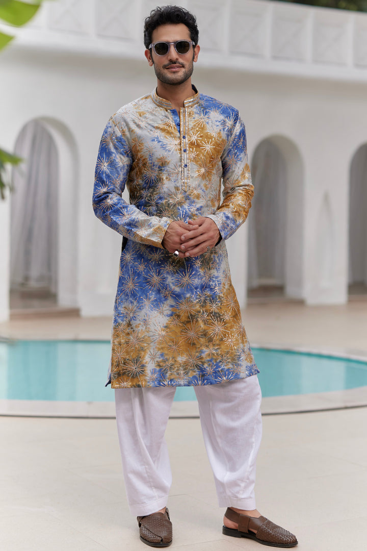 Blue and Mustard Tie-Dye Resham Embroidered Kurta Set