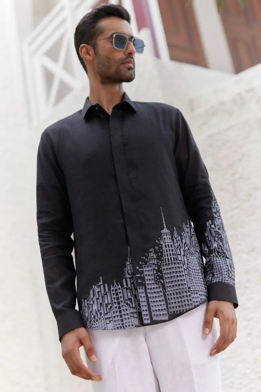Black City Printed Resham Embroidered Linen Shirt