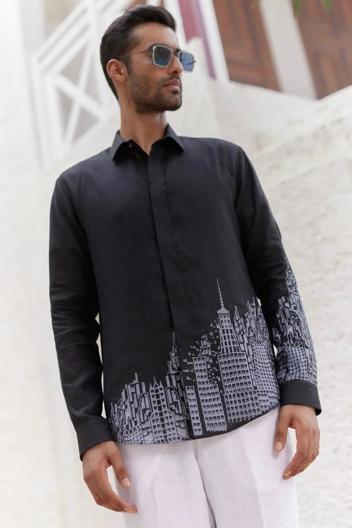 Black City Printed Resham Embroidered Linen Shirt - Asuka Couture