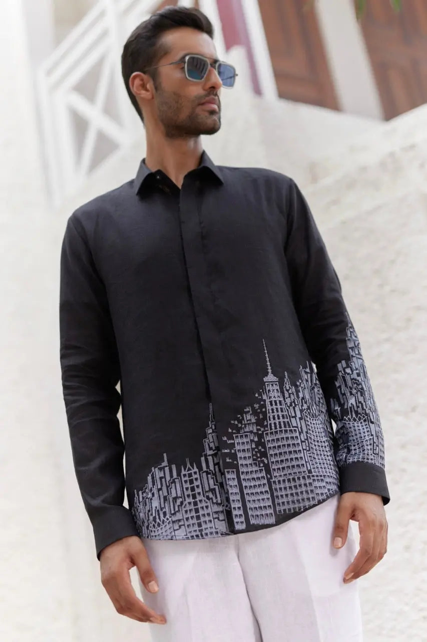Black City Printed Resham Embroidered Linen Shirt - Asuka Couture