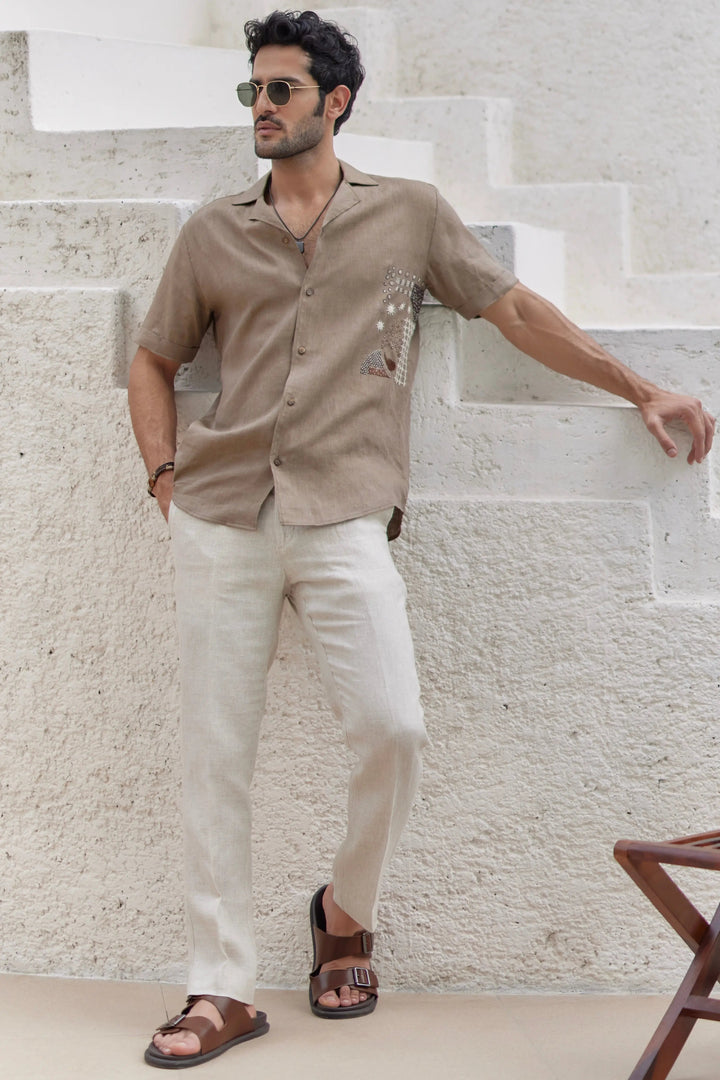 Buy Sand-Hued Cuban Embroidered Shirt - Asuka Couture