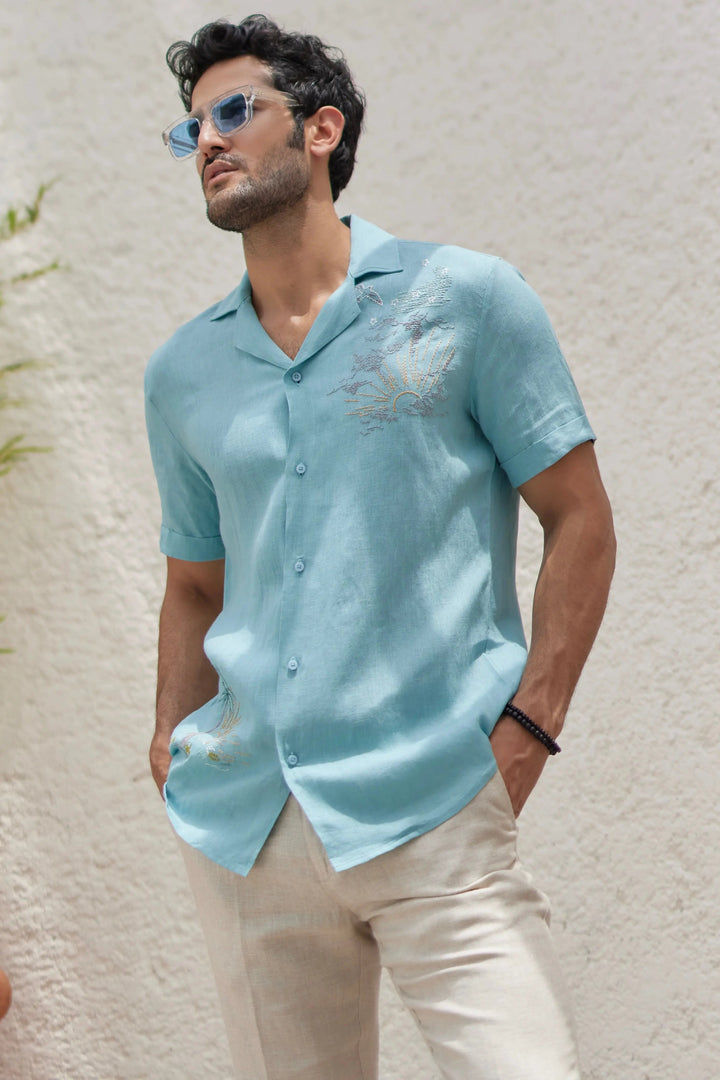 Best Price for Sky Blue Cuban Embroidered Tropical Shirt 