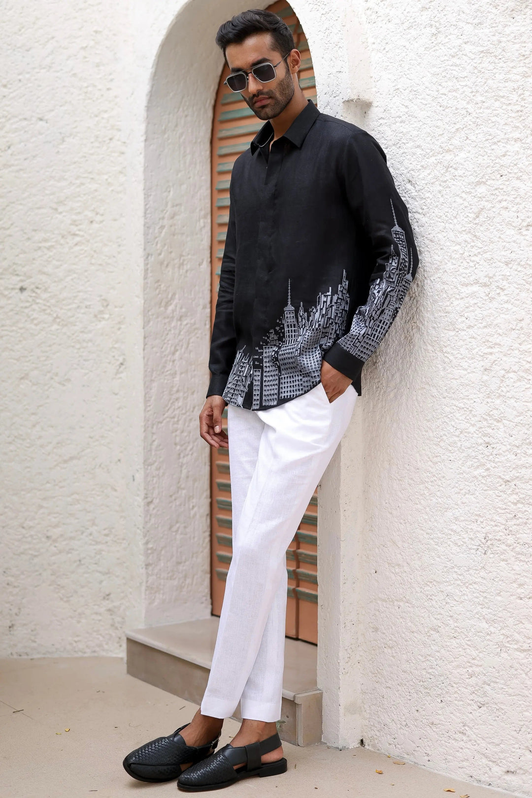 Buy Black City Printed Resham Embroidered Linen Shirt