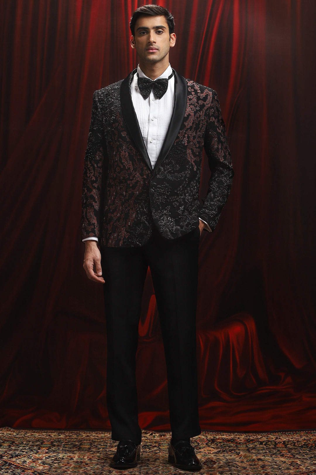 Purchase Black Crimson Eclipse Embroidered Tuxedo Set Today