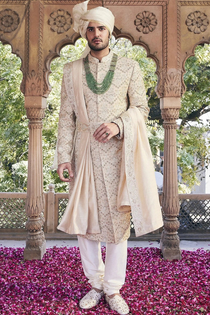 Cream Pitta and Sequins Embroidered Sherwani - Asuka Couture