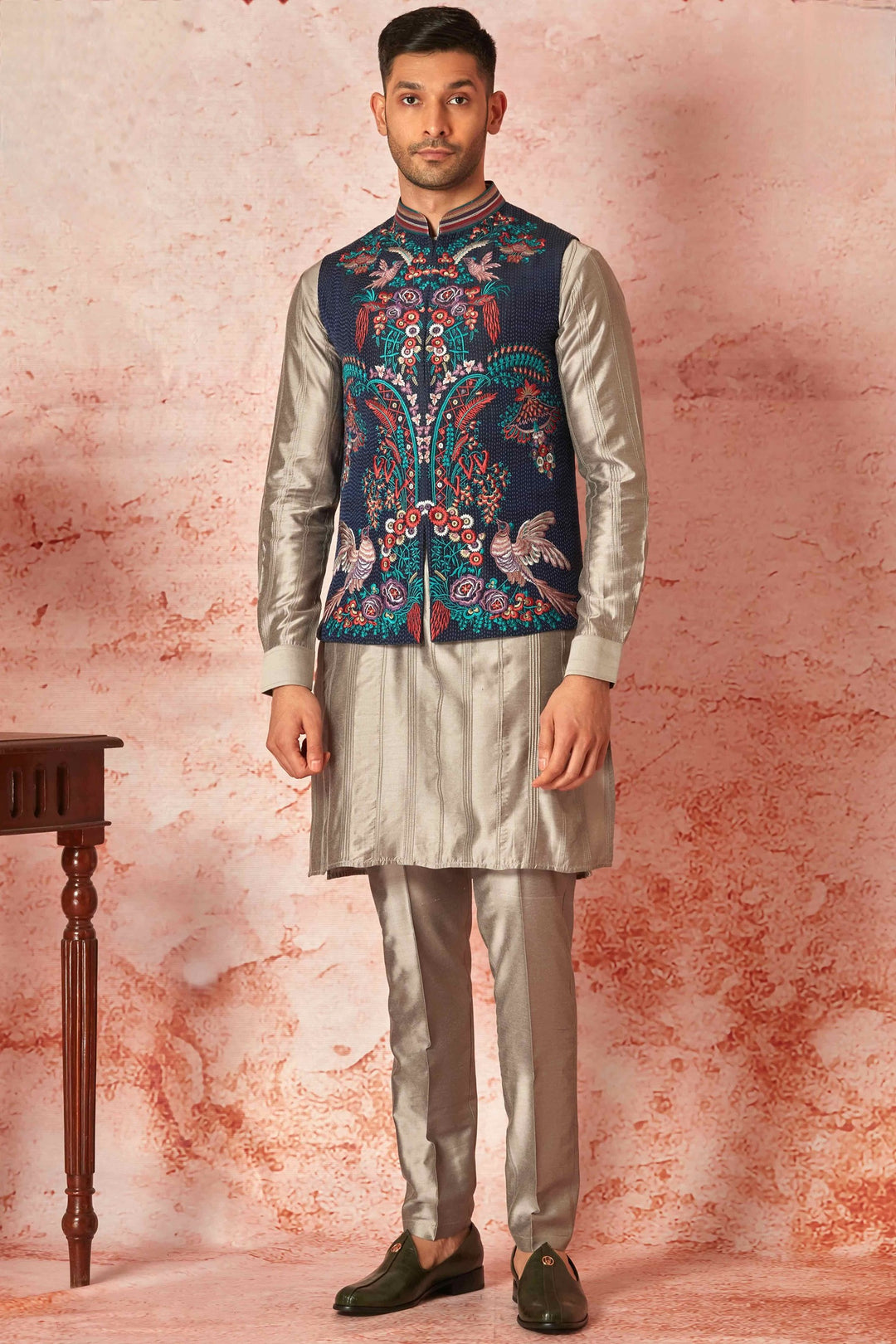 Buy Grey Silk Kurta Bundi Set with Multicolor Resham Embroidery