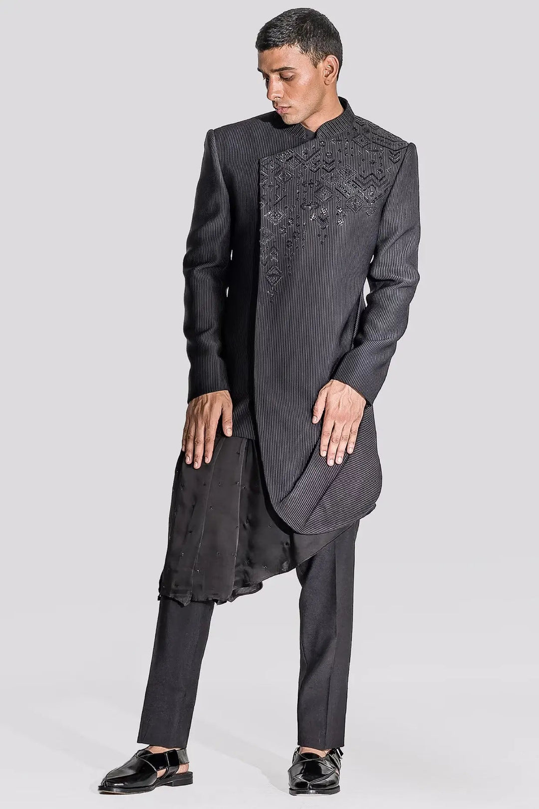 Minimally Magnificent Black Asymmetrical Angrakha Achkan - Asuka Couture