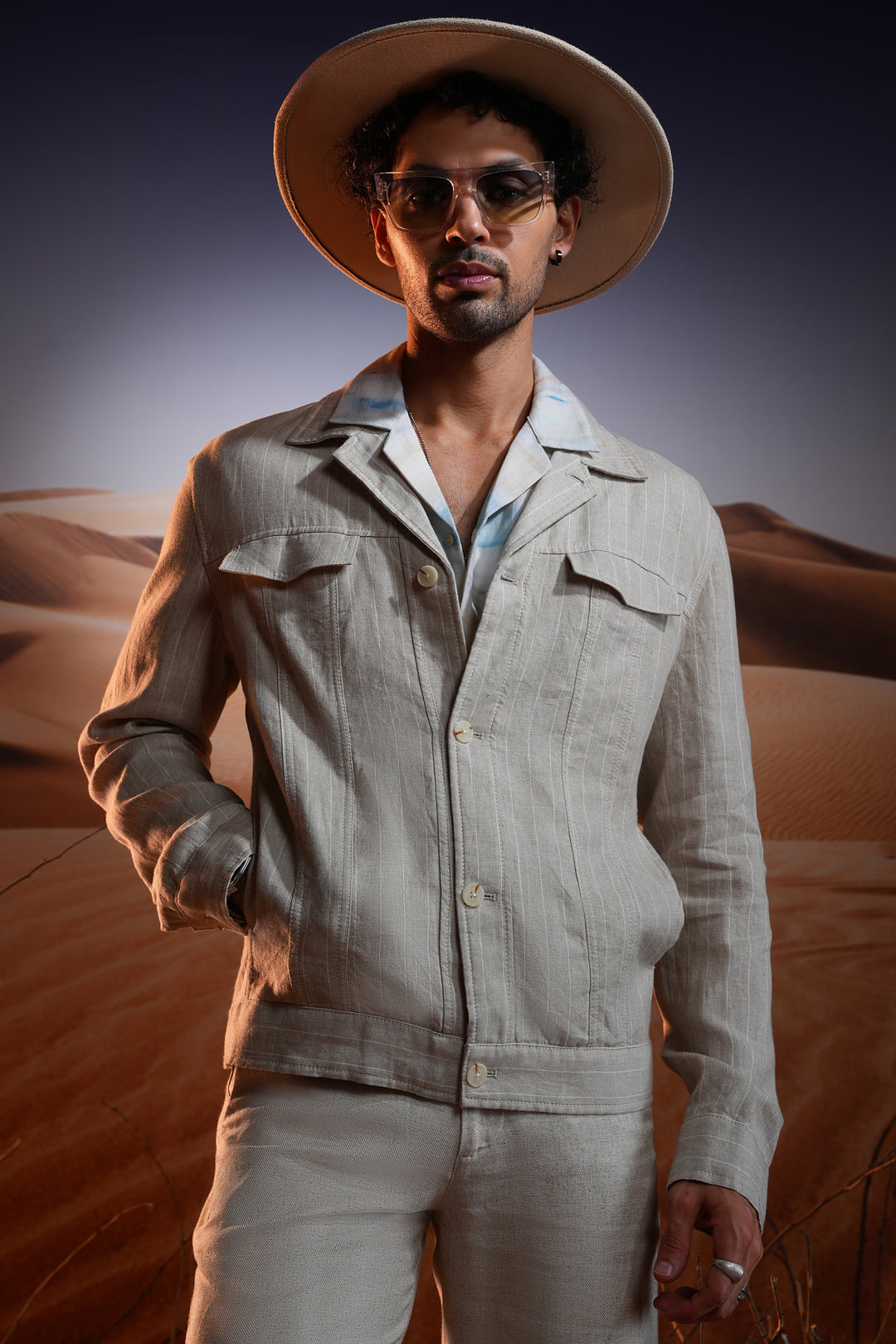 Buy Natural Chalk Stripe Linen Cuban Jacket for Quality & Style