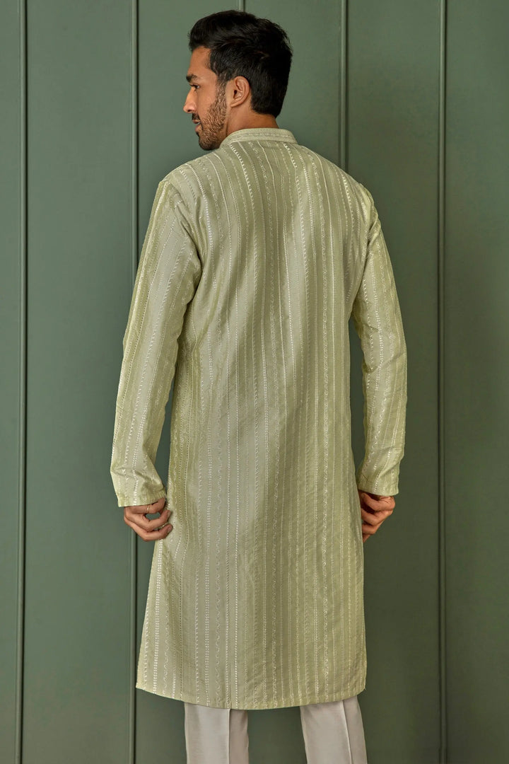 Shop Now for Lime Striped Resham Fusion Tussar Silk Kurta 