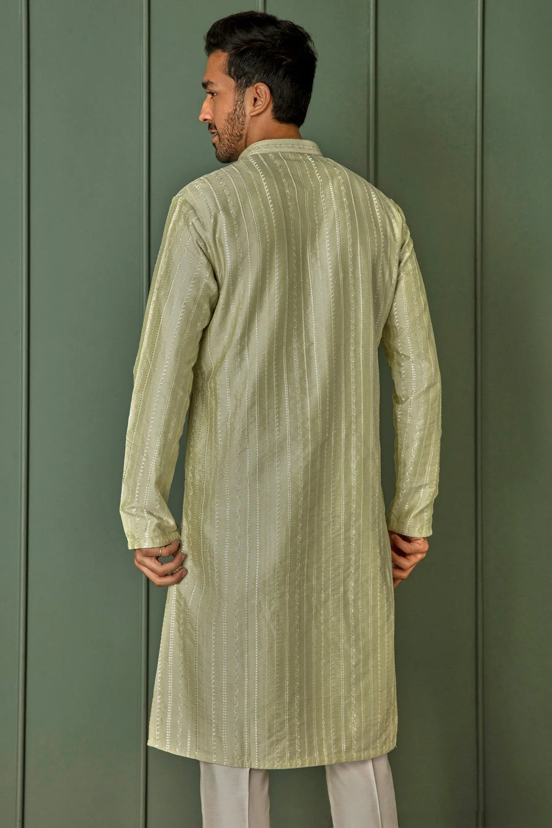 Shop Now for Lime Striped Resham Fusion Tussar Silk Kurta 