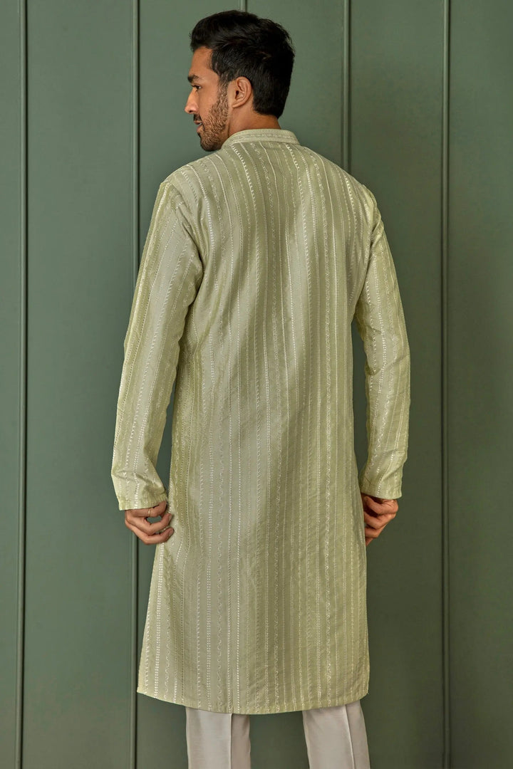 Shop Now for Lime Striped Resham Fusion Tussar Silk Kurta 