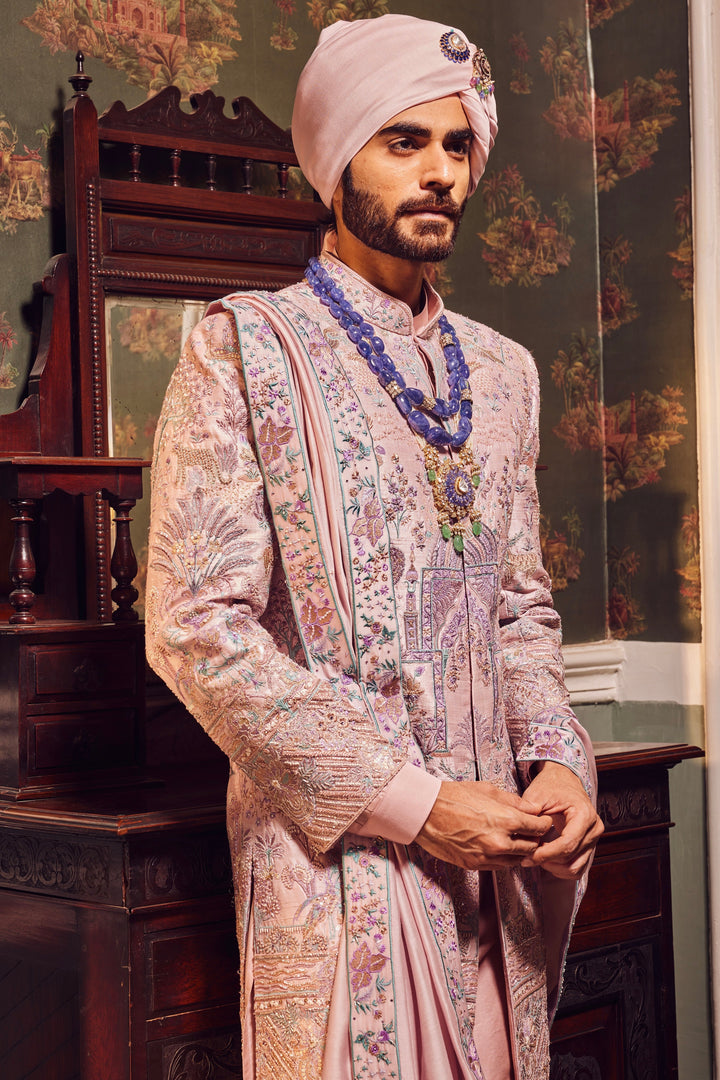Buy Pink Raw Silk Panel Embroidered Sherwani Today – Stylish & Affordable