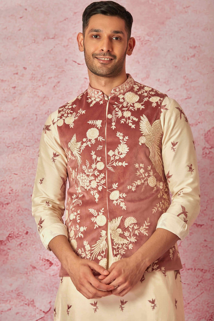 Affordable Pink Velvet Bundi with Cream Chanderi Silk Kurta Set Online